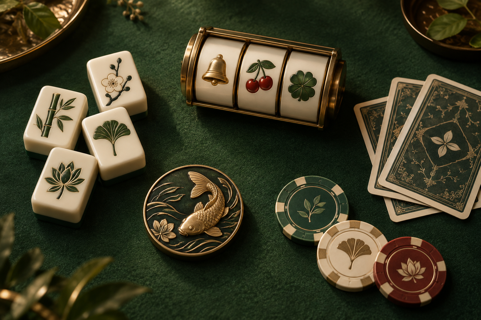 Ilustrasi katalog kasino dengan kartu, keping, ubin mahjong dan gulungan slot