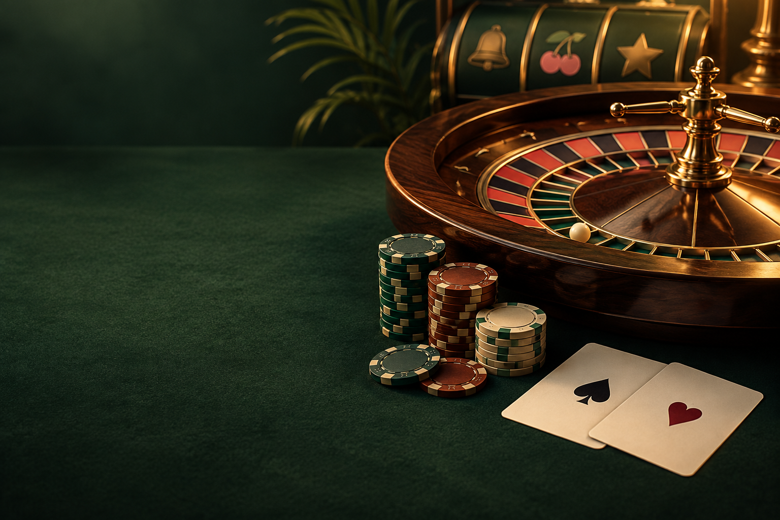 Ilustrasi meja roulette, kartu dan keping dalam cahaya tembaga